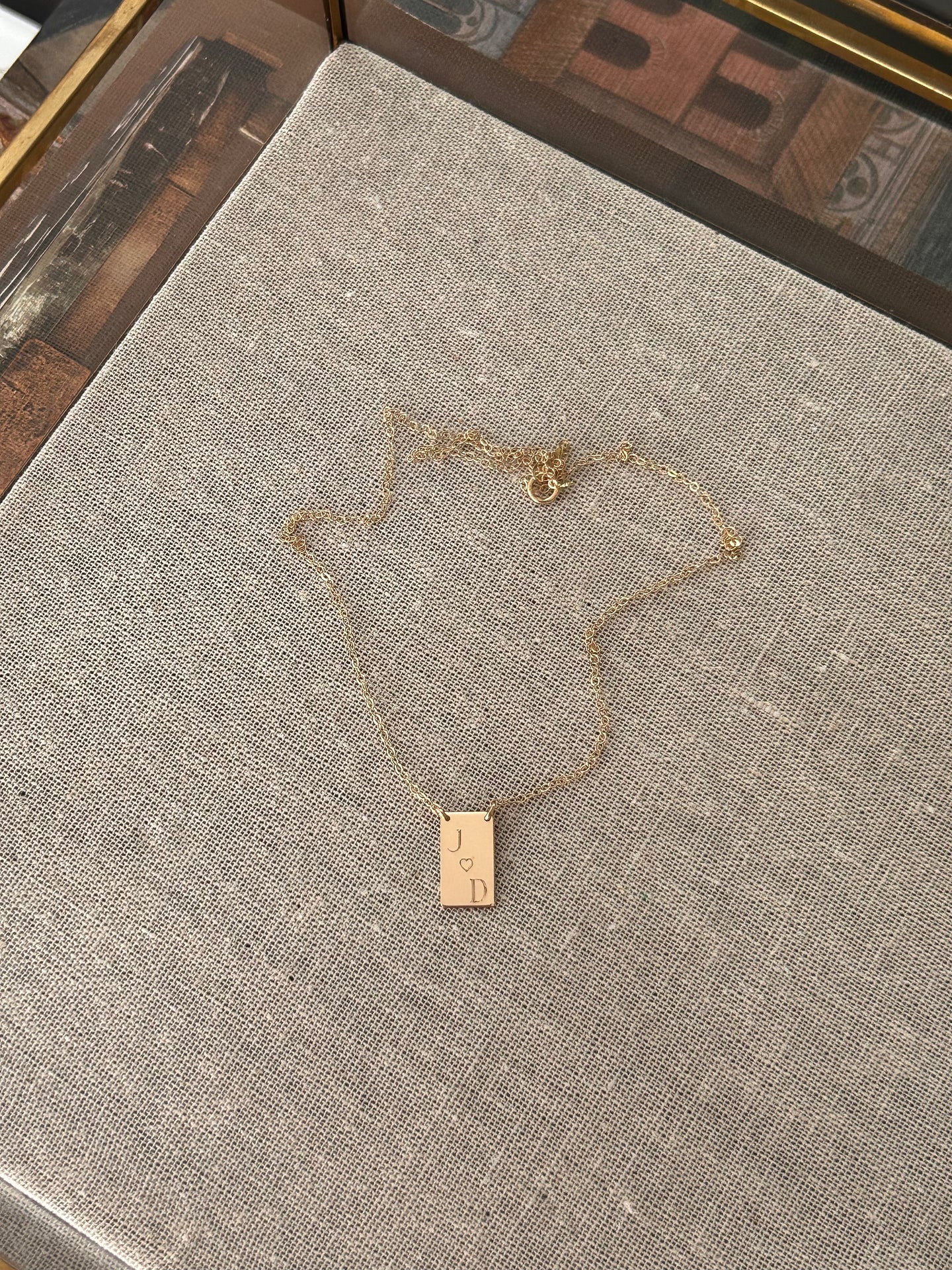 14K Vertical Engraved Bar Necklace | Solid Yellow Gold | Initials with Heart | Custom Personalized Jewelry